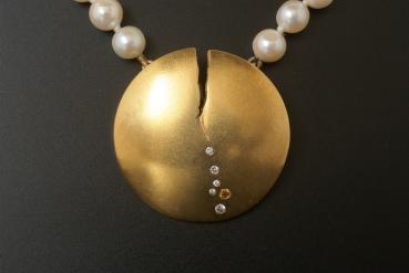 Perlencollier Akoyaperlen Weiss 6mm Rund mit Anhänger in Gold 585 - Brillant