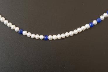 Perlenkette Süsswasserperlen Weiss Lapis Blau 3,0mm