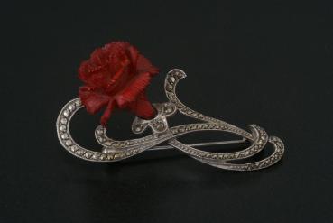 Brosche Silber 925 Markasit Rote Rose