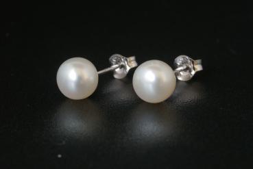 Perlohrstecker Silber 925 Süßwasserperlen 7,5mm Bouton Weiss