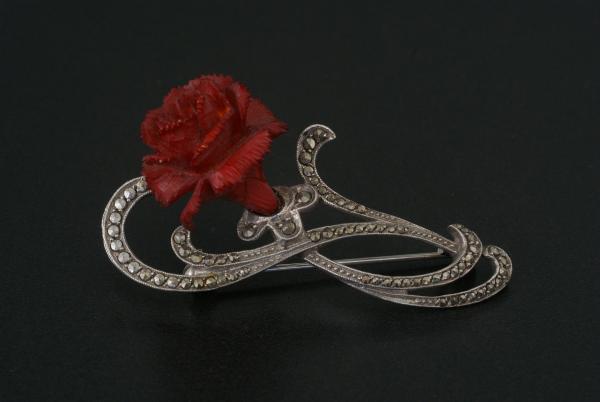 Brosche Silber 925 Markasit Rote Rose